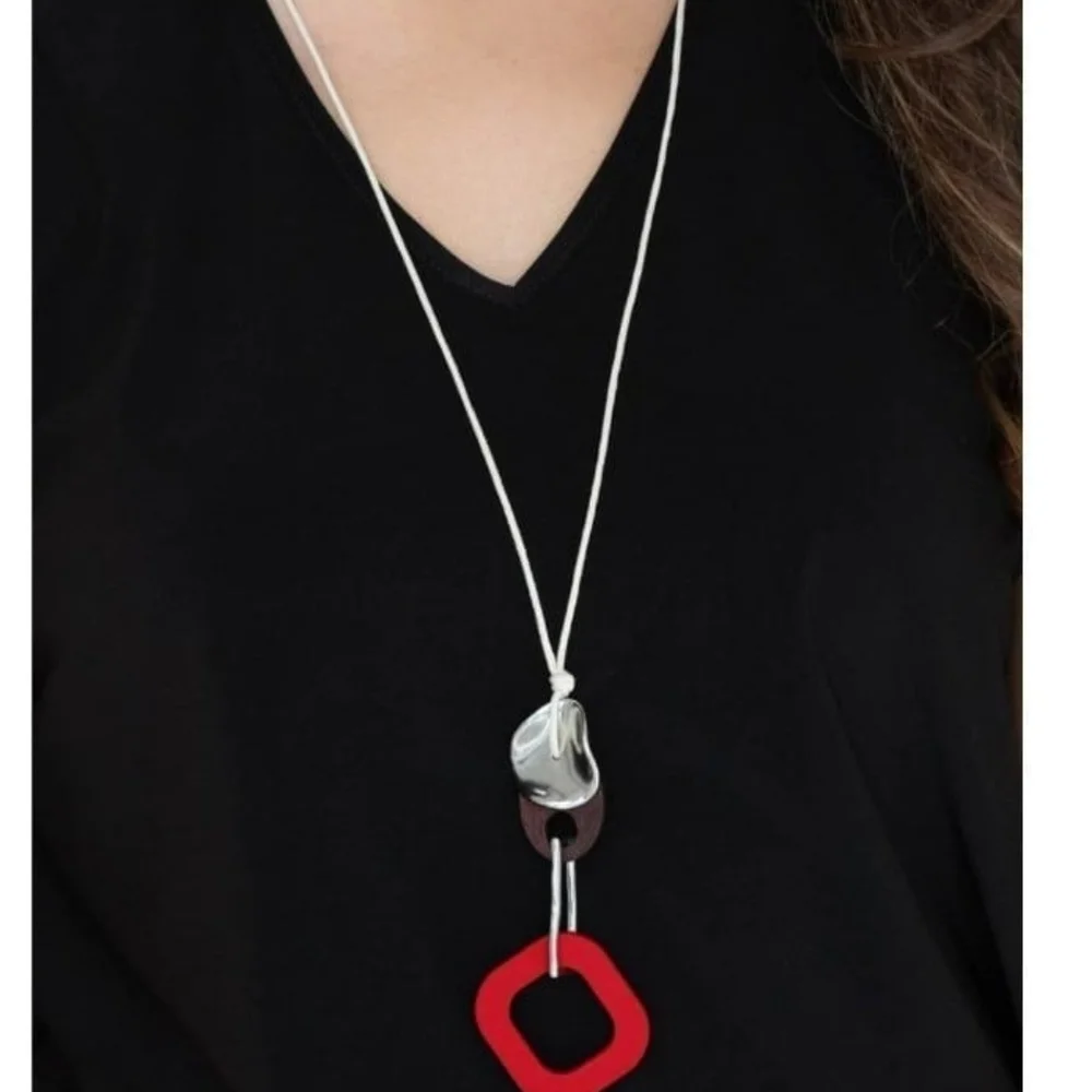 Paparazzi Red and Silver Modern Necklace Set Top Of The WOOD Chain Red Wooden - Picture 2 of 8